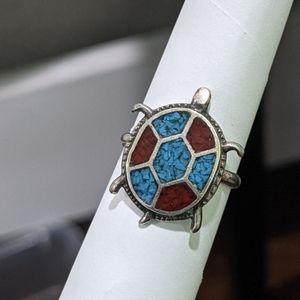 Sterling silver 925 turquoise coral turtle ring